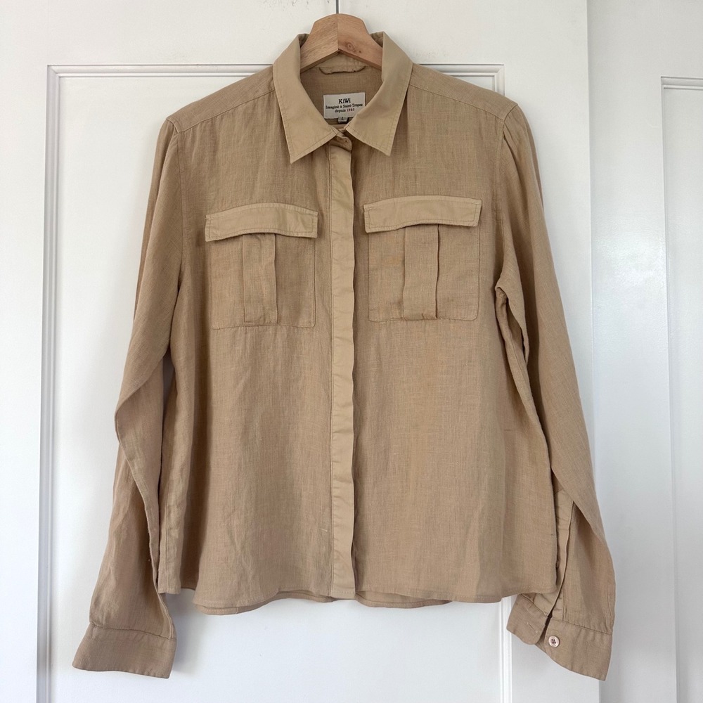 Kiwi Saint-Tropez Womens 100% Linen Button Down Shirt Tan Beige Utility‎ Large